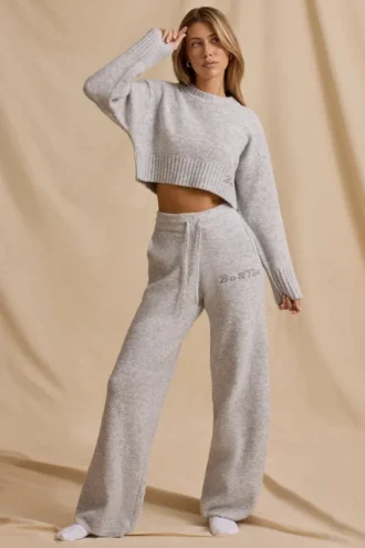 Pantalones de chándal de talle medio y pierna ancha de punto acanalado en marrón jaspeado