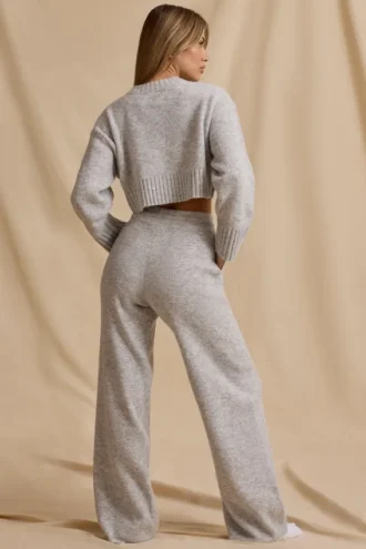 Pantalones de chándal de talle medio y pierna ancha de punto acanalado en marrón jaspeado
