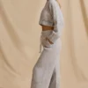 Pantalones de chándal de talle medio y pierna ancha de punto acanalado en marrón jaspeado