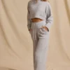 Pantalones de chándal de talle medio y pierna ancha de punto acanalado en marrón jaspeado