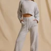 Pantalones de chándal de talle medio y pierna ancha de punto acanalado en marrón jaspeado
