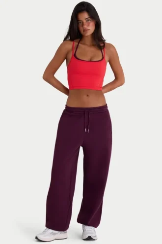 Pantalones de chándal holgados de tiro medio de jersey de algodón cepillado en color burdeos