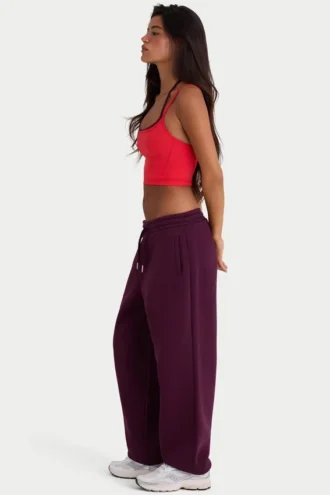 Pantalones de chándal holgados de tiro medio de jersey de algodón cepillado en color burdeos