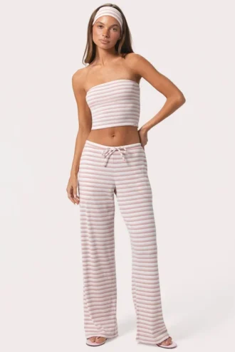 Pantalones de jersey acanalado de talle bajo con rayas rosas