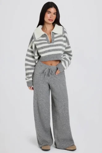 Pantalones joggers de punto de talle medio y pierna ancha en gris