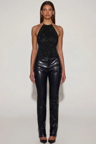 Pantalones rectos Nemyra de imitación de piel de cocodrilo en negro