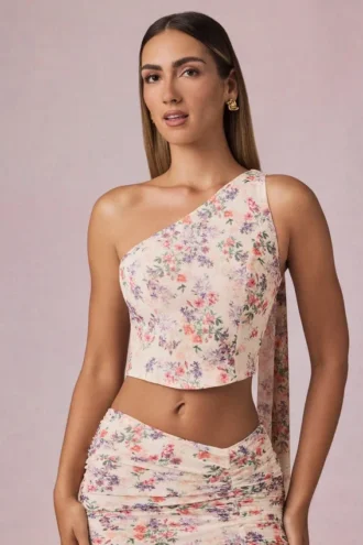 Parte de arriba de un solo hombro con detalle de pañuelo Rae en estampado floral Primrose