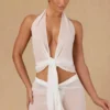 Partes de arriba cortas con cuello halter y lazo delantero Harbour en blanco