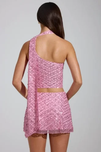 Partes de arriba Cosette asimétricas con detalle de pañuelo y adornos en rosa