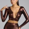 Partes de arriba de jersey metalizado con escote pronunciado Rana en color bronce cobrizo