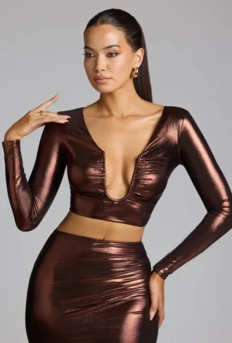 Partes de arriba de jersey metalizado con escote pronunciado Rana en color bronce cobrizo