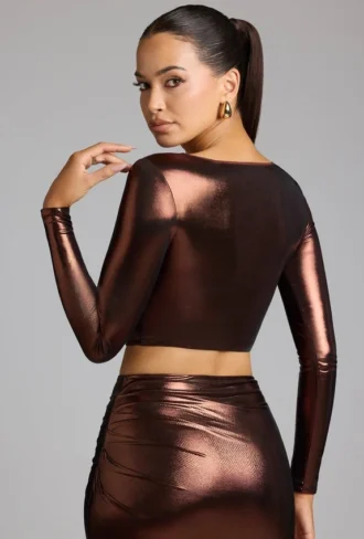 Partes de arriba de jersey metalizado con escote pronunciado Rana en color bronce cobrizo