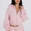 Sudadera con capucha corta de punto suave con cremallera en rosa suave