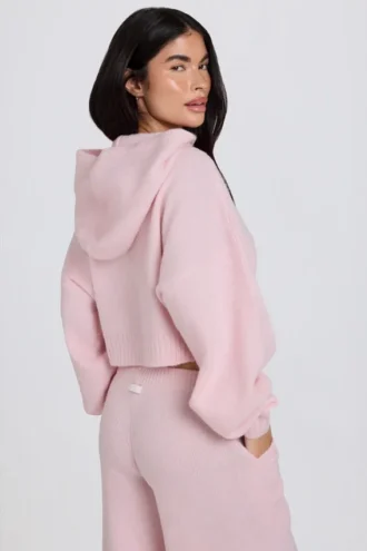 Sudadera con capucha corta de punto suave con cremallera en rosa suave