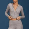 Sudadera con capucha y cremallera de punto trenzado en gris jaspeado