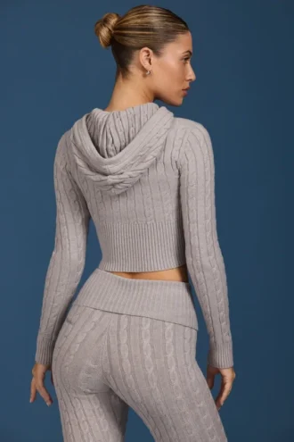 Sudadera con capucha y cremallera de punto trenzado en gris jaspeado