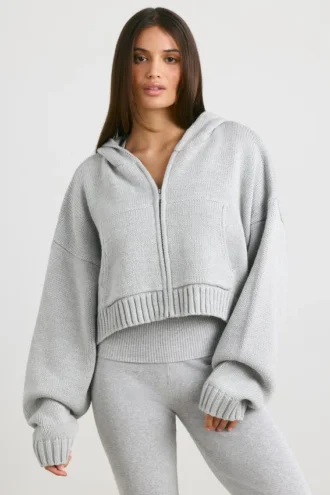Sudadera con capucha y cremallera TRUE de punto grueso en gris jaspeado