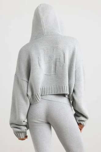 Sudadera con capucha y cremallera TRUE de punto grueso en gris jaspeado