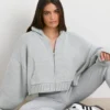 Sudadera con capucha y cremallera TRUE de punto grueso en gris jaspeado