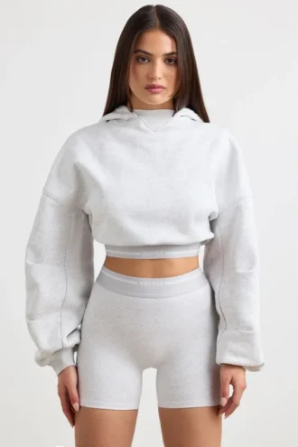 Sudadera corta con capucha de felpa de algodón elástico en gris jaspeado