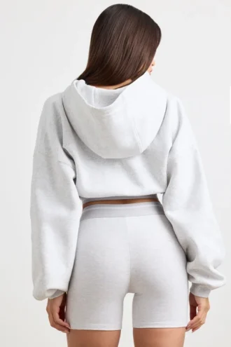 Sudadera corta con capucha de felpa de algodón elástico en gris jaspeado