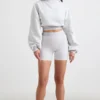 Sudadera corta con capucha de felpa de algodón elástico en gris jaspeado
