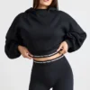 Sudadera corta con capucha de felpa de algodón elástico en negro