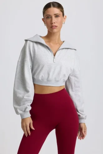 Sudadera corta con cremallera de un cuarto en gris jaspeado