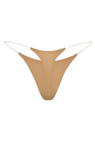 Tanga de punto sin costuras con tirantes transparentes en color caramelo