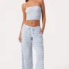 Pantalones de cintura baja de jersey acanalado con rayas azules