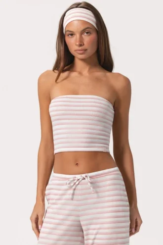 Top bandeau de jersey acanalado con rayas rosas