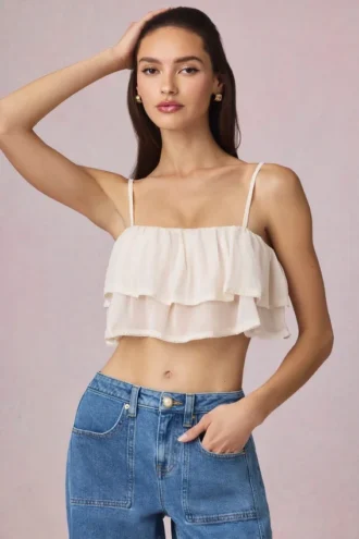 Top camisola corto con volantes Lacie en marfil