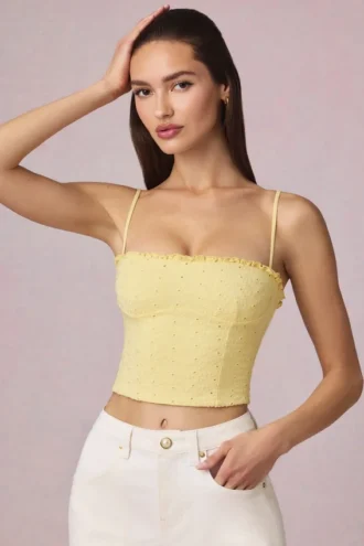 Top camisola Hania de modal con bordado inglés en amarillo limón