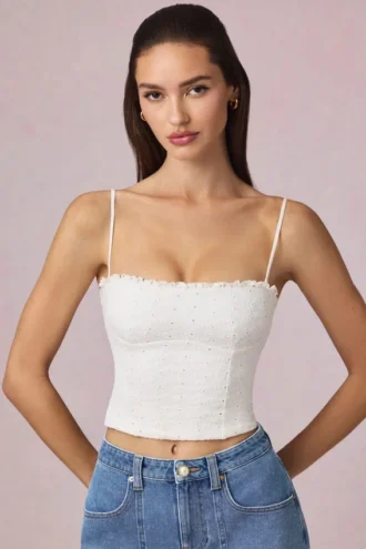 Top camisola Hania de modal con bordado inglés en blanco
