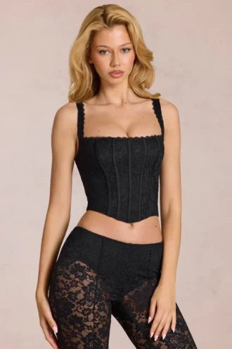 Top corsé ajustable con escote redondeado de encaje Jemara en negro