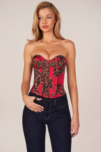 Top corsé bandeau con cordones en estampado de leopardo rosa