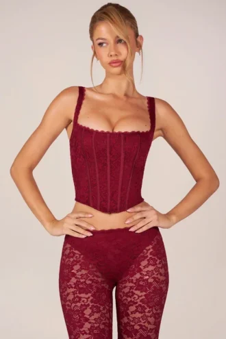 Top corsé con cordones Jemara en rojo cereza