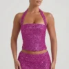 Top corsé con cuello halter y adornos Caralie en magenta