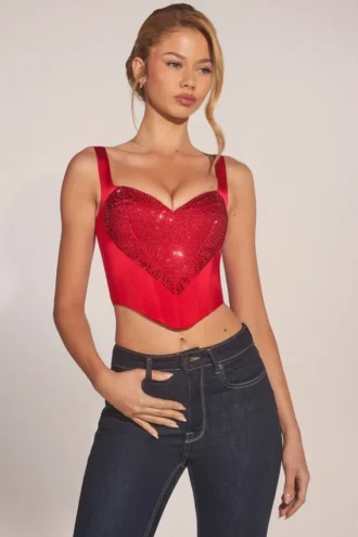 Top corsé con escote corazón y cordones Allure en rojo rosa