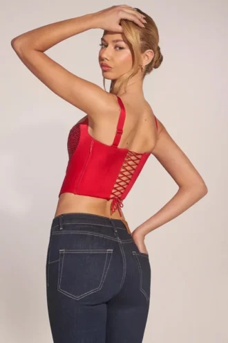Top corsé con escote corazón y cordones Allure en rojo rosa