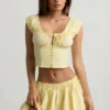 Top corsé de popelín de algodón fruncido Faela en amarillo limón