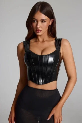 Top corsé de vinilo con cordones Lamiya en negro