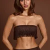 Top corto bandeau con flecos y cordones Bruma en marrón chocolate