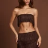 Top corto bandeau con flecos y cordones Bruma en marrón chocolate