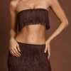 Top corto bandeau con flecos y cordones Bruma en marrón chocolate