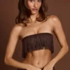 Top corto bandeau con flecos y cordones Bruma en marrón chocolate