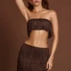 Top corto bandeau con flecos y cordones Bruma en marrón chocolate