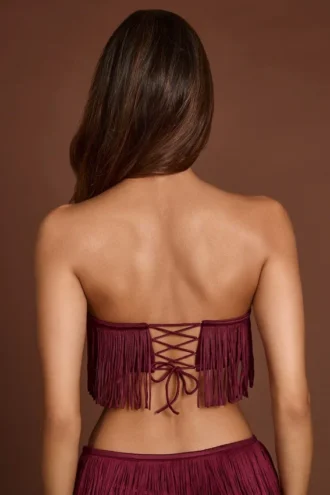Top corto bandeau con flecos y cordones Bruma en rojo vino