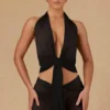 Top corto con cuello halter y lazo delantero Harbour en negro