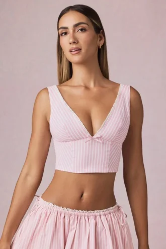 Top corto con lazo Magda en rayas malva suave